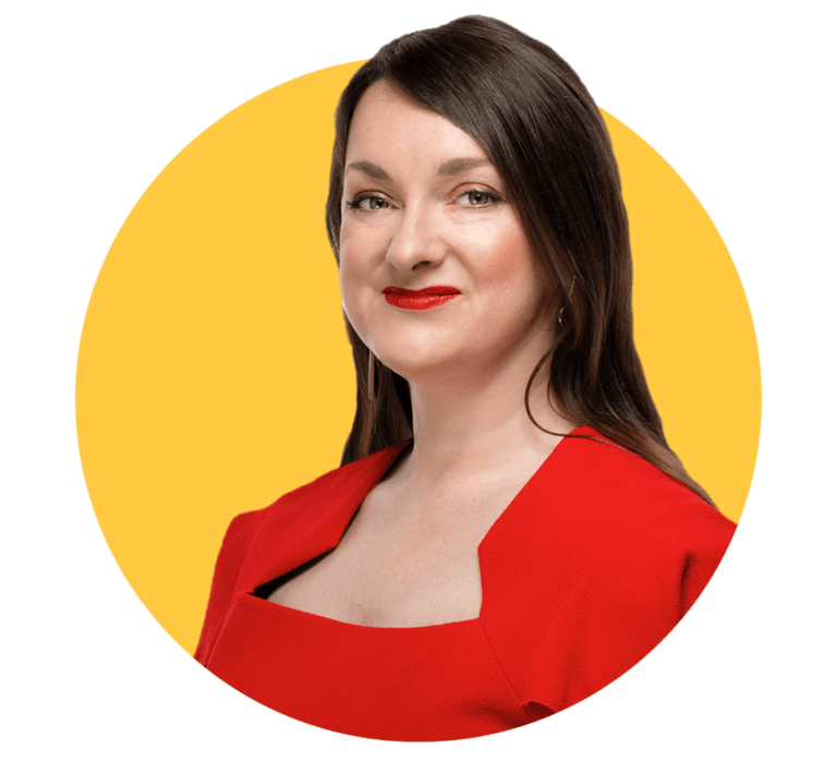 A headshot of Man Bites Dog's CEO & Founder, Claire Mason on a yellow circle.