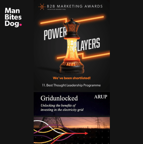 B2B marketing awards shortlisting graphic of a chess piece with electricity surrounding it, describing the awards nominees as power players. Also features the Arup logo and campaign image for the nominated marketing campaign called Gridunlocked