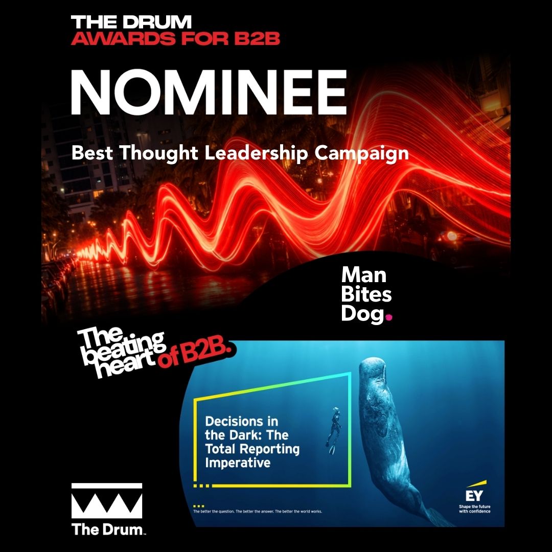 The Drum B2B Global Awards nominee poster featuring Man Bites Dog and EY and imagery of a whale underwater to represent the Total Reporting campaign
