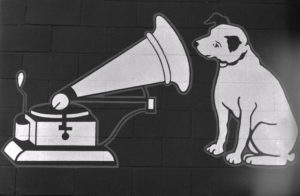 Dog listening to gramophone